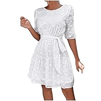 Women's 2024 Summer Boho Midi Dress Crochet Swiss Dot Ruffle Flowy Dress Comfortable Cotton Casual Fashion Beach Dress