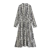 Women Vintage Geometric Print Breasted Slim Midi Shirt Dress Office Lady Chic Elastic Waist Vestidos