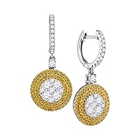 18kt White Gold Womens Round Yellow Diamond Circle Frame Cluster Dangle Earrings 1-5/8 Cttw