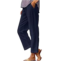 Women's Casual Linen Pants Baggy Elastic-Waisted Straight Leg Cropped Pants Cotton Lounge Trousers Loose Capri Pants