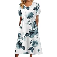 Summer Dresses for Women Beach Tshirt Dresse Women's Casual Floral Print Round Neck Lace Split Short Sleeve