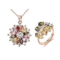 Colorful Snowflake Pendant Necklace Teardrop Ring Set, 18k Rose Gold Plated Ladies with 5A Cubic Zirconia Christmas Jewelry Gift Birthday Gifts set for Mom Wife Girls