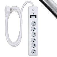 GE 6-Outlet Surge Protector, 8 Ft Extension Cord, Power Strip, 800 Joules, Flat Plug, Twist-to-Close Safety Covers, Protected Indicator Light, UL Listed, White, 67044
