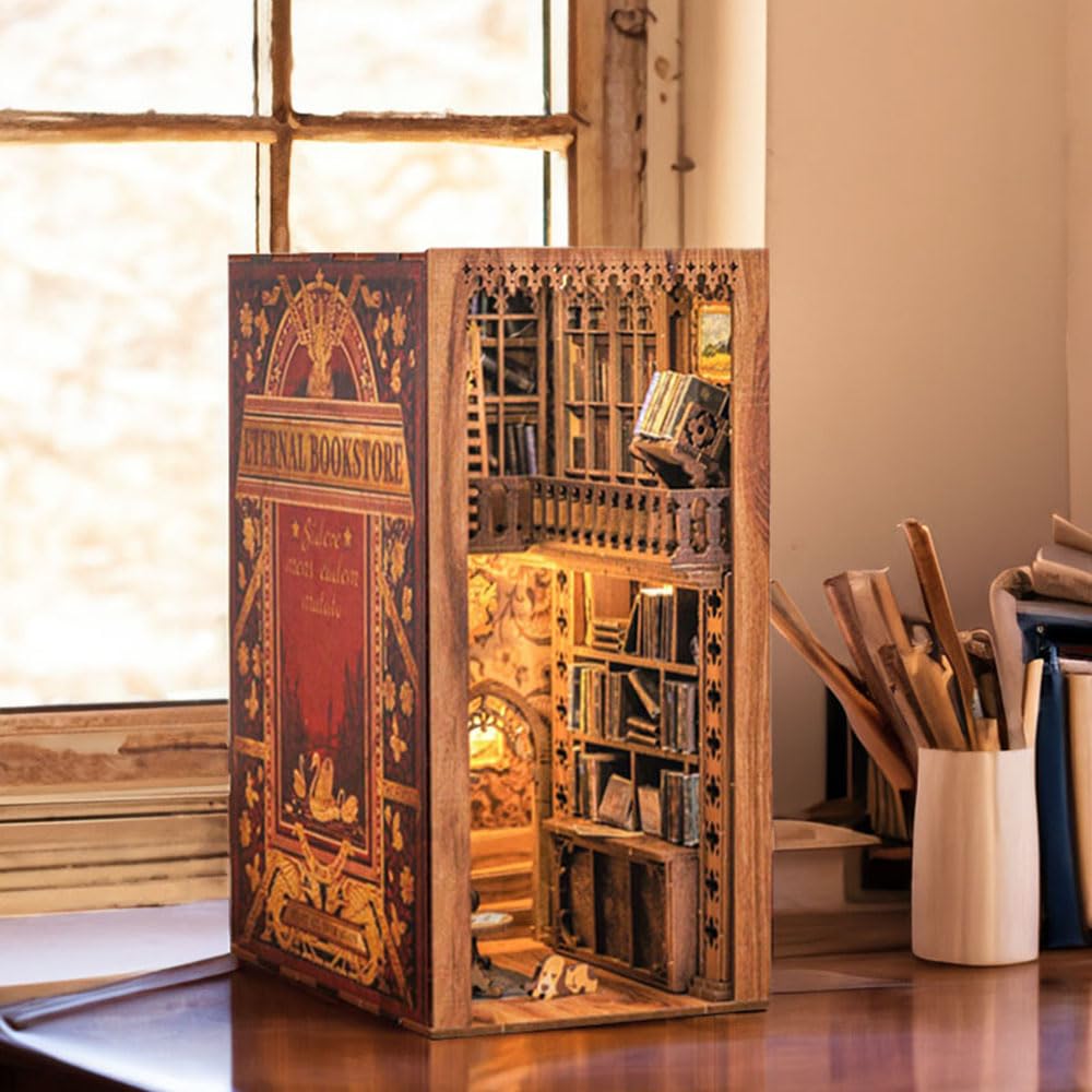 CUTEBEE DIY Book Nook Kit, DIY Dollhouse Booknook Bookshelf Insert Decor Alley, Bookends Model Build-Creativity Kit with LED Light (Eternal Bookstore)