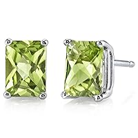 Peora Solid 14K White Gold Peridot Earrings for Women, Genuine Gemstone Birthstone Solitaire Studs, 7x5mm Radiant Cut, 2 Carats total, Friction Back
