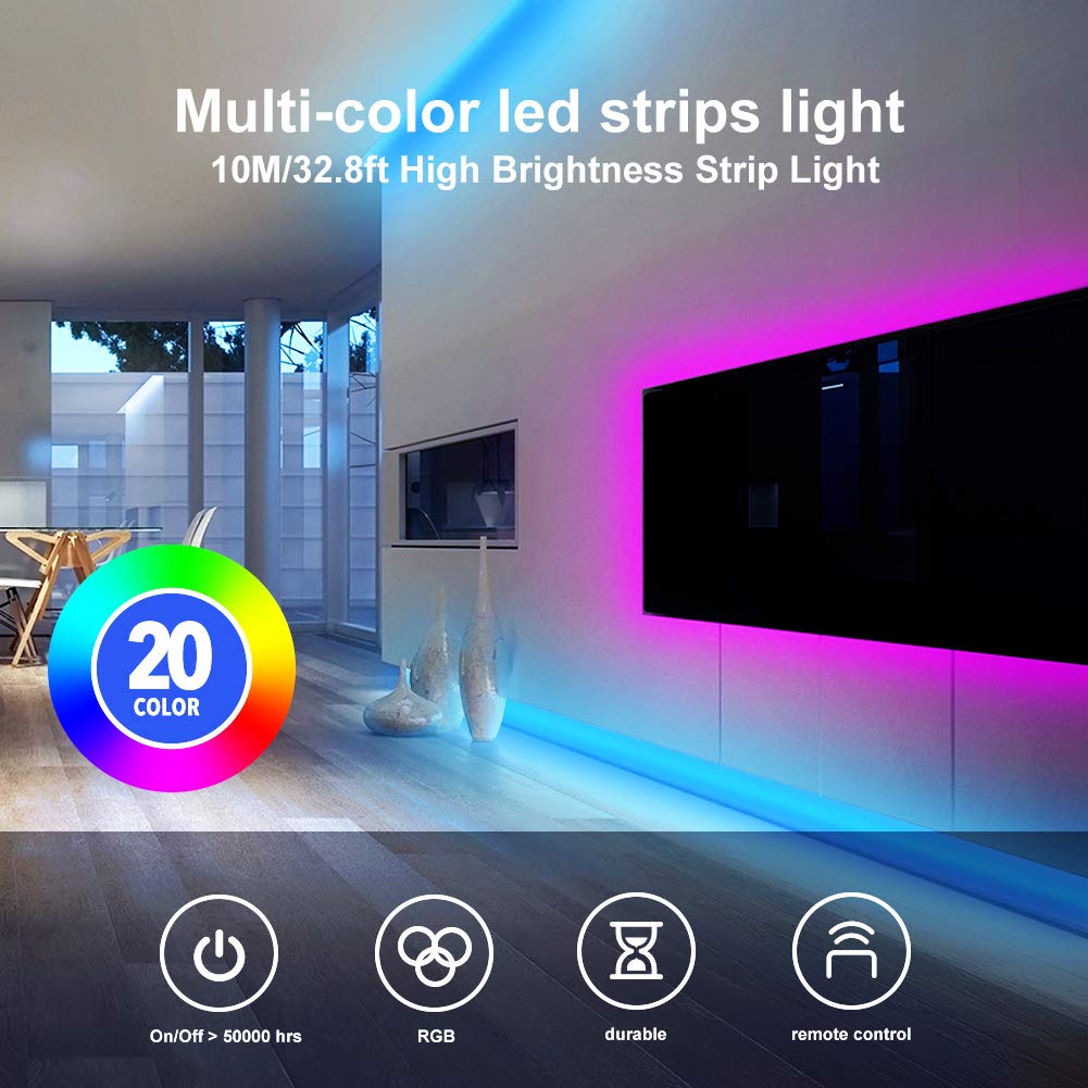 DAYBETTER Led Strip Lights 32.8ft 5050 RGB 300 LEDs Color Changing Lights Strip for Bedroom, Desk, Home Decoration, with Remote and 12V Power Supply