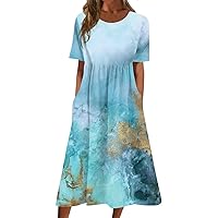 Midi Dress for Women,Formal Floral Elegant Smocked Summer Dress Short Sleeve Flowy Dress Casual Plus Size Dress