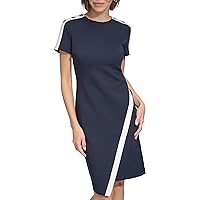 Tommy Hilfiger Women's Scuba Fabric Button Details at Shoulders Asymmetrical Hemline Dress, Sky Captain/Ivory