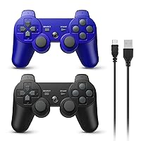 Powerextra PS-3 Wireless Controller for PS-3, 2 Pack High Performance Gaming Controller with Upgraded Joystick Double Shock for Play-Station 3 (Black and Blue)