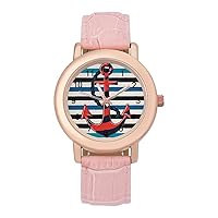 Anchor on A Blue Striped Women's Watches Classic Quartz Watch with Leather Strap Easy to Read Wrist Watch
