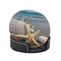 Starfish Seashell Beach Drink Coasters Set of 6 with Holder Leather Coasters Non-Slip Cup Mat for Home Tabletop Decor 4 Inch