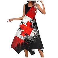 Dresses for Teens,Women's Fashion Spring and Summer Canada Independence Day Print Irregular Hem Round Neck WOM