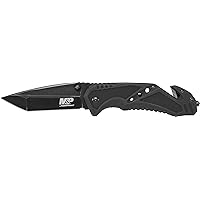 M&P SWMP11B 8.9in High Carbon S.S. Folding Knife with 3.8in Tanto Point Blade and Aluminum Handle for Outdoor, Tactical, Survival and EDC, One Size, Black
