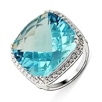 Blue Topaz and Diamond Cushion & Round Shape Ring 34.90 ct tw in 14K White Gold