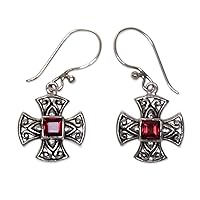 NOVICA Handcrafted .925 Sterling Silver Garnet Dangle Earrings Balinese Silver Cross with Sterling Red Indonesia Birthstone [1.3 in L x 0.6 in W x 0.2 in D] 'Cross Pattee'