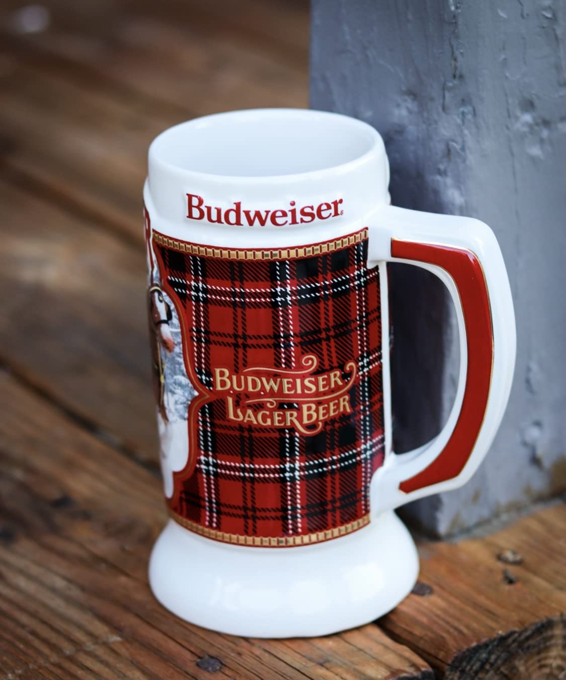 2021 Budweiser Plaid Holiday Christmas Stein,Red,white,black,gold,7inHx3.5inW