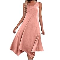 Midi Tank Dress for Women Crew Neck Sleeveless Summer Dresses Flowy Solid Loose Swing Sundress Cute Casual Dress