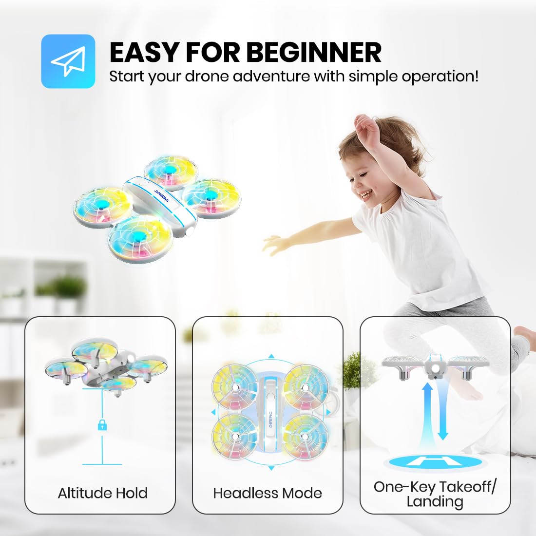 DEERC Mini Drone for Kids, D33 LED Remote Control Drone with 2 Batteries, Kids Drone with Auto Hovering, Headless Mode, 3D Flips and Throw to Go, Great Gift Toys for Boys Indoor Drone