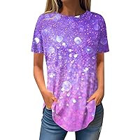 Short Sleeve Tunic Tops for Women,Trendy Crew Neck Glitter Tops Casual Sequin Print Loose Womens Summer Tops