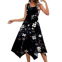 Maxi Dress for Women Flowy Crewneck Beach Dress Hankerchief Hem Sleeveless Sundress Floral Print Tank Dresses
