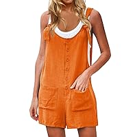 Women's Summer Linen Jumpsuits Short Loose Comfy Solid Color Cotton Overalls Ladies Casual Romper with Pockets