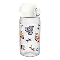 ION8 Kids Water Bottle, 350 ml/12 oz, Leak Proof, Easy to Open, Secure Lock, Dishwasher Safe, BPA Free, Carry Handle, Hygienic Flip Cover, Easy Clean, Odor Free, Carbon Neutral, White, Wild Butterfly