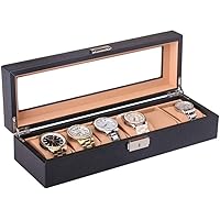 Watch Box Handmade 6 Grid Watch Organiser Box With Top Glass Lid Display  in Black Leatherette Watch Organizer Collection (Size : 35 11.5 8cm)
