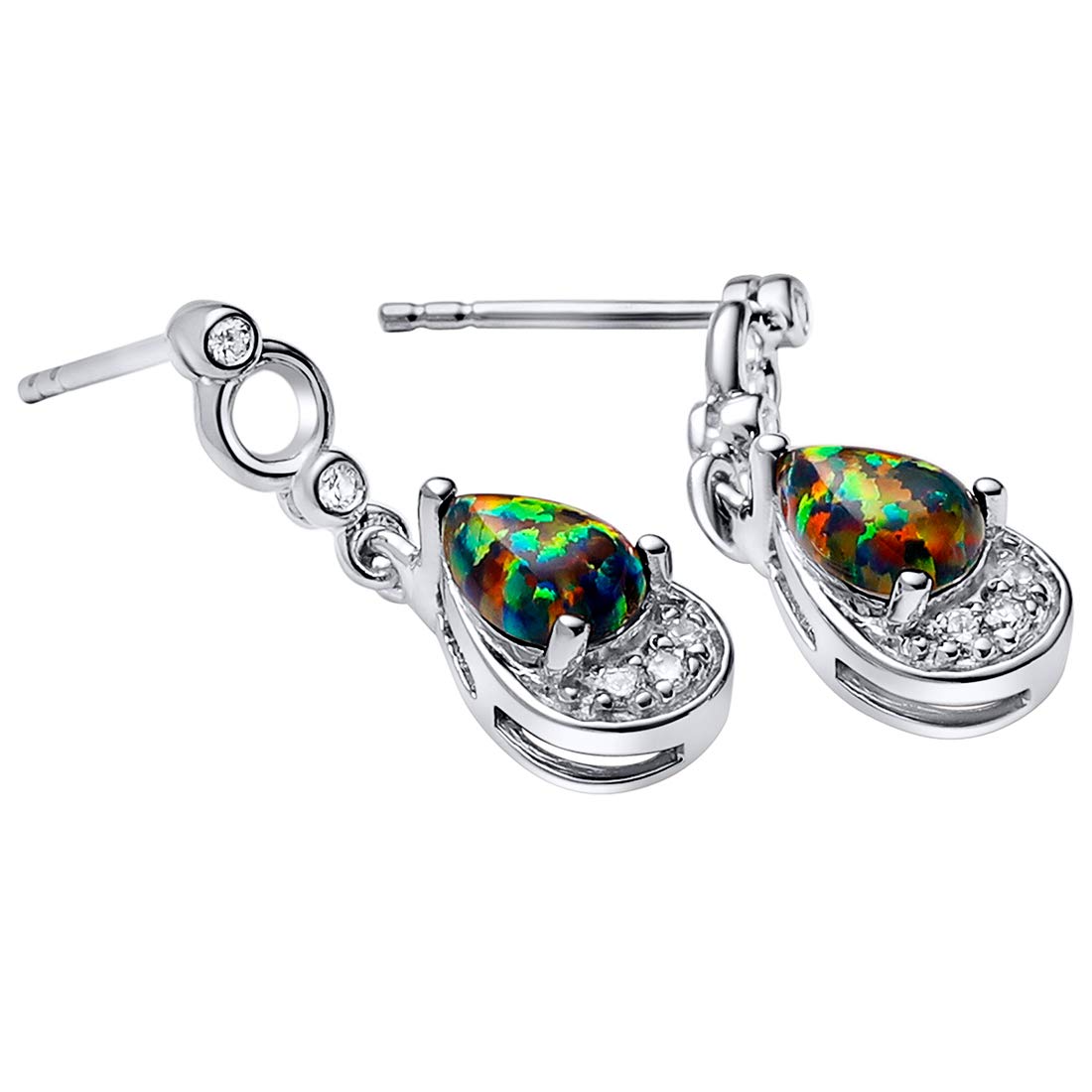 Peora Sterling Silver Created Black Fire Opal Earrings, Hypoallergenic Teardrop Dangle, Pear Shape, 8x5mm, 0.75 Carat total, Friction Backs