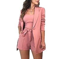 Women Sexy Bussiness Outfits 3 Piece Open Front Button Blazers + Crop Tops + Belted Shorts Set Jumpsuits