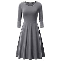 GRASWE Women's Casual O-Neck 3/4 Sleeve A-Line Solid Color Party Cocktail Swing Dress