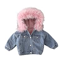 IWEMEK Toddler Girls Faux Fur Collar Denim Jacket Hooded Thicken Fleece Lined Jean Coat Plush Winter Hoodie Outwear Snowsuit