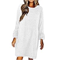 Cozy Sweaters for Women Women Plush Pullover Dress Crewneck Long Sleeve Fuzzy Tunic Dresses Casual Soft Sweater Dress Cozy Homewear Dress Vestidos De Otoño 2024 White