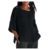 Womens Loose Casual Tops Solid Color V-Neck Cotton Linen Comfy Tees 2024 Summer Short Sleeve Mid-Length Split Hem Tshirt