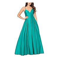 Blondie Nites Womens Turquoise Zippered Pleated Lace-up Back Pocketed Lined Spaghetti Strap V Neck Full-Length Prom Gown Dress Juniors 13