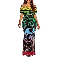 GLUDEAR Women Plus Size Polynesian Tribal Print Off Shoulder Bodycon Mermaid Evening Cocktail Long Dress