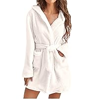 Fuzzy Robe for Women Belted Mini Bathrobe Hooded Fleece Plush Kimono Solid Bath Robe Winter Spa Robes with Pockets