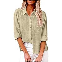 Cotton Linen Button Down Shirt Women Casual Rolled Long Sleeve Solid Color Shirts Loose Work Tops with Pockets