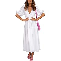 Woolicity Womens Summer Maxi Dress Wrap V Neck Short Sleeve Beach Flowy Long Dresses