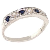 18k White Gold Cultured Pearl and Sapphire Womens Band Ring - Sizes 4 to 12 Available