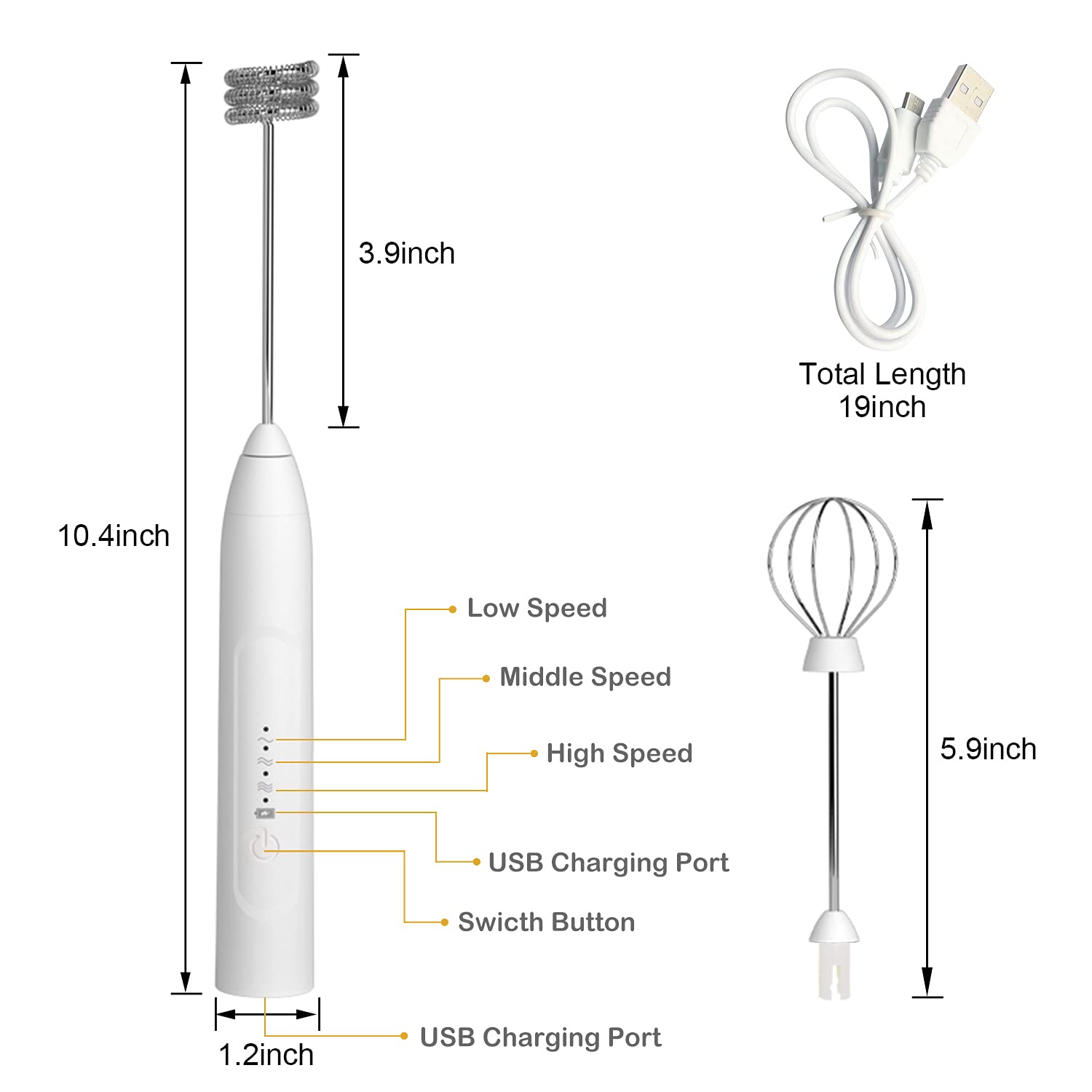 Qweeon Handheld Milk Frother,Rechargeable Coffee Frother Portable 3 Speeds Handheld Drink Mixer with 2 Stainless Whisk for Cappuccino Latte  White