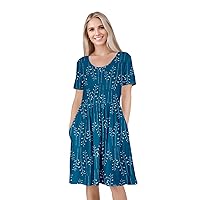 Women's Short Sleeve Empire Knee Length Dress with Pockets Blue Florals