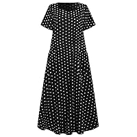 Plus Size Dresses for Women Polka Dots Print Maxi Dress Sunner Casual Short Sleeve Crewneck Long Dress with Pockets