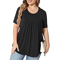 Anydeer Womens Plus Tunic Tops Summer Short Sleeve Casual Tshirts Pleated Blouses Flared Pullover