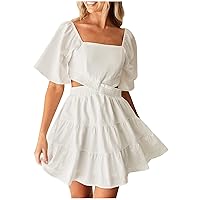 Women Cross Elastic Waist Tiered Ruffle Hem Mini Dress Summer Cotton Linen Square Neck Short Sleeve Trendy Dresses