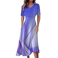 V Neck Short Sleeve Dress for Women Elegant Floral Print Stretchy Beach Dresses Casual Loose Flowy Hem Midi Dress