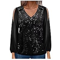 Women's Sexy V Neck Sequin Tops Sparkly Glitter Shirts Blouses Sequined Split Long Sleeve Shirts for Holiday Club Night