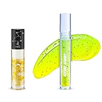 Blossom Juicy Jelly Moisturizing Lip Care Fruit Flavored Nourishing Lip Oil + Zodiac Sign Vanilla Scented Roll On Lip Gloss with Crystals, 2 Pack Bundle, Pineapple/Leo