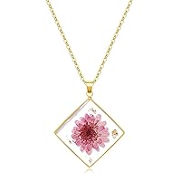 Birth Flower Necklaces For Women - Purple Chrysanthemum November Month Flower Necklace - Handmade Pressed Flower Necklace - Unique Holiday Gift - Square Necklace Gold 18