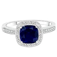 925 Sterling Silver 6MM Cushion Blue Sapphire Engagement Ring with Solitaire Accents