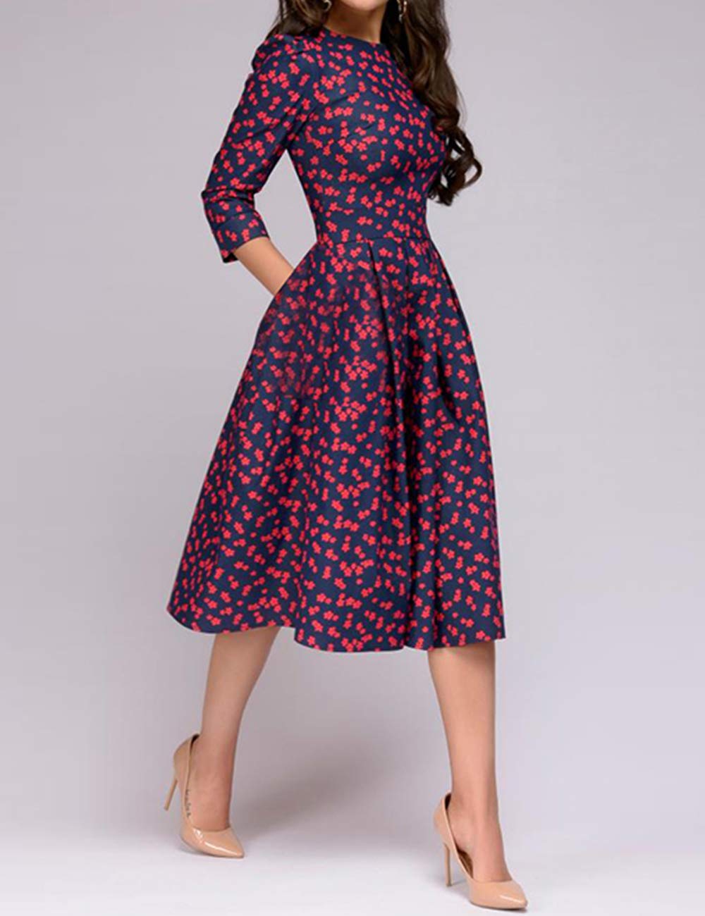 Simple Flavor Women's Floral Vintage Dress Elegant Midi Evening Dress 3/4 Sleeves